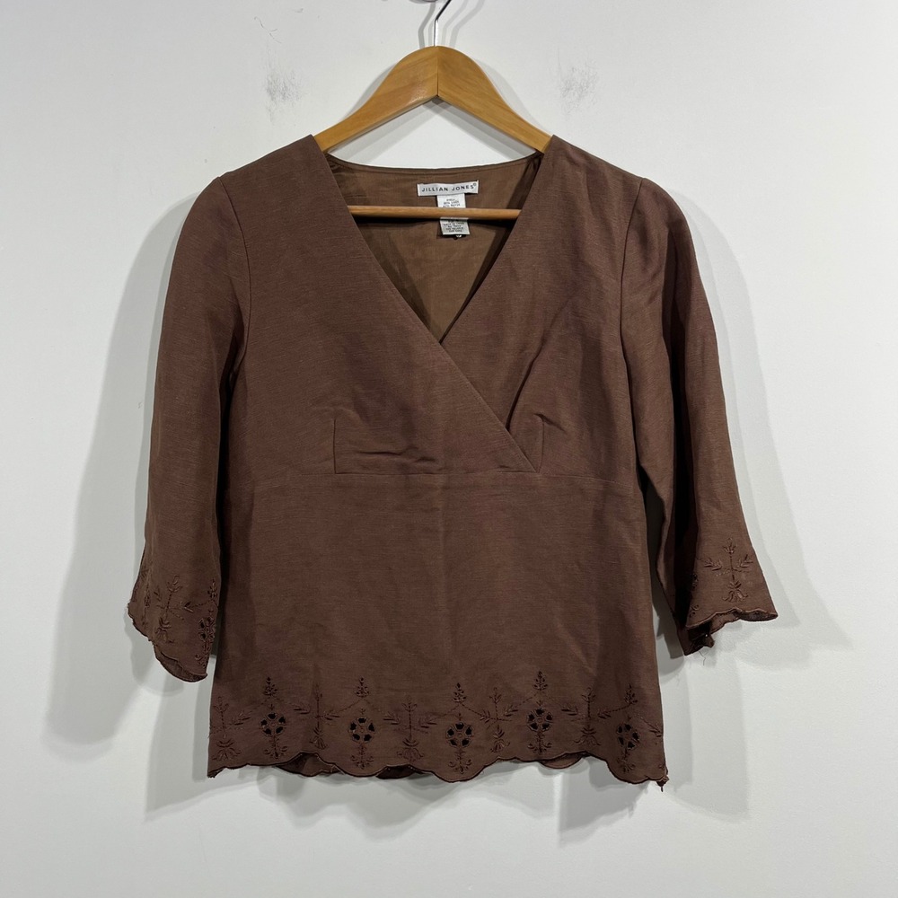 Jillian Jones VTG Linen Blend Eyelet Scalloped Blouse Womens 4 Old Money Coastal